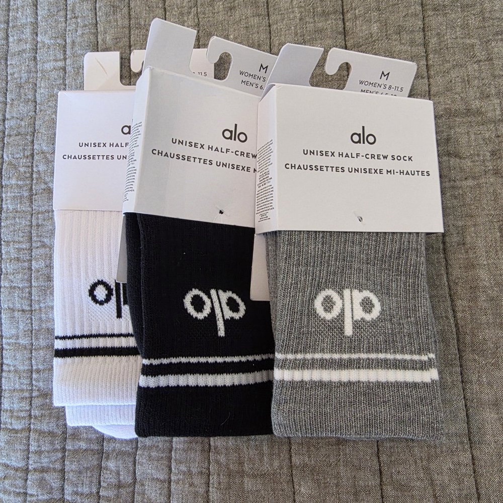ALO Yoga Unisex Half-Crew Socks - White, Black, Gray (3-Pack)